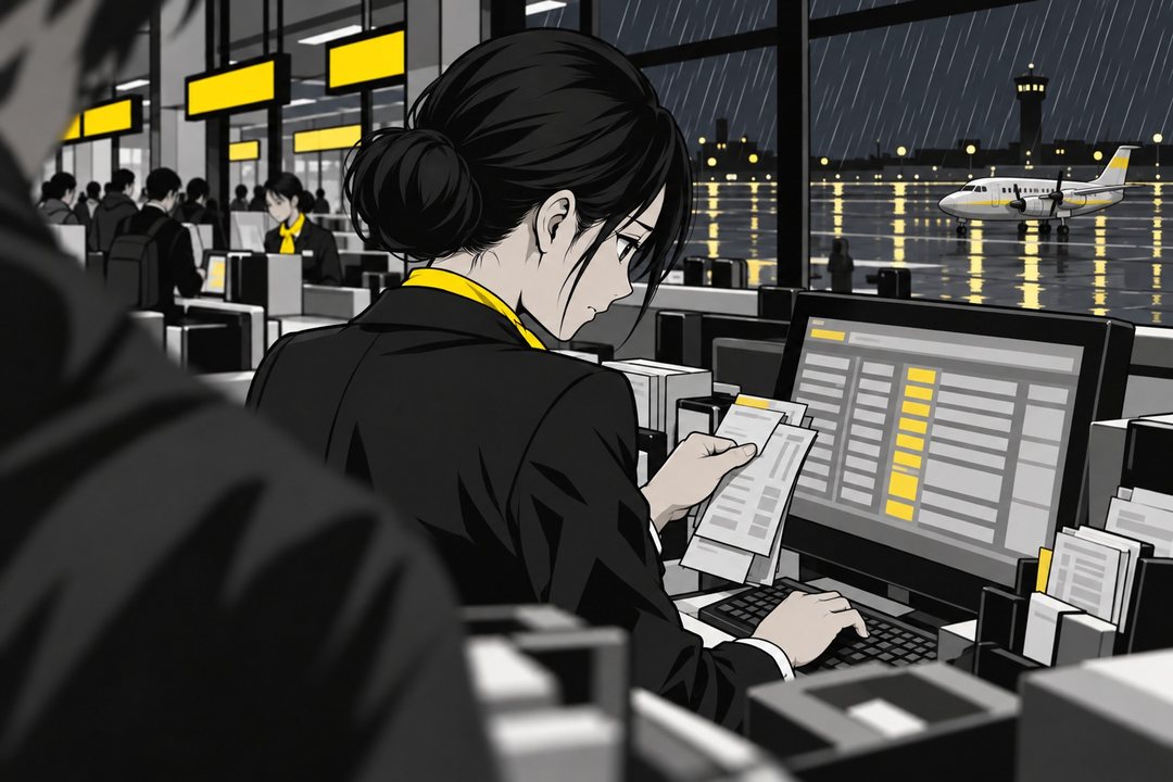 カウンターの端末に向かう千早を斜め後ろから。片手に古い航空券の控えを持ち、もう片方の手でキーを打つ。手前に人の肩がぼけて入る。画面の行は読めない。