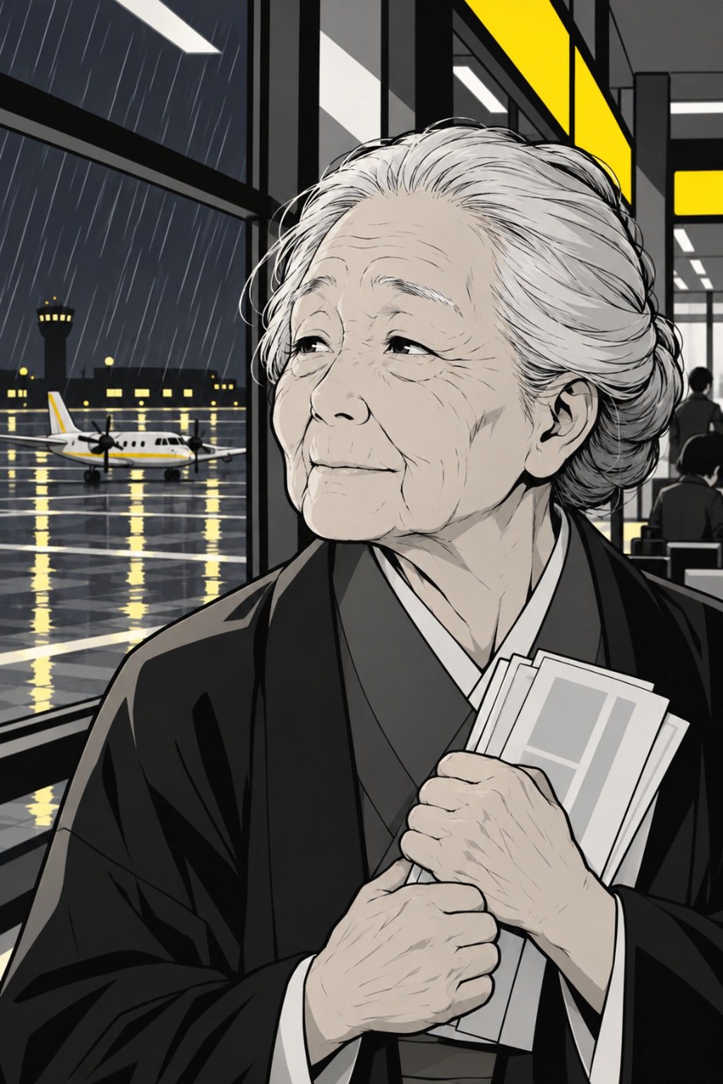 ハツの顔の寄り。目を細めて去年を思い出しながら、古い航空券の束を両手で胸に押し当てる。後ろに雨の窓と駐機場の小さな機体。