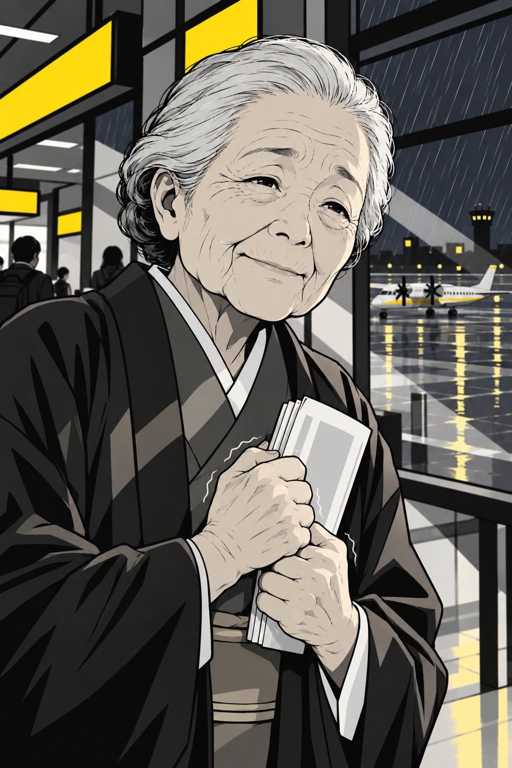 ハツの胸から上。口もとは穏やかに笑っているのに、胸の前で束を握る両手の指が小さく震える。