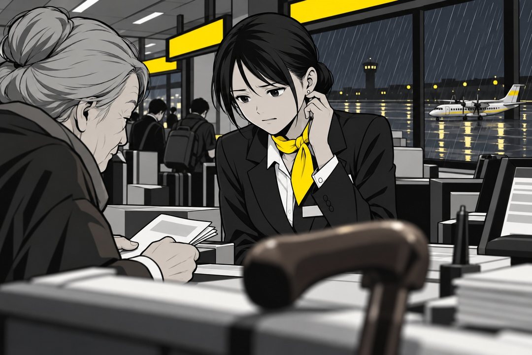 千早の顔。眉を寄せ、目を落とす。左に書類を見るハツの横顔。手前に杖の持ち手がぼけて大きく入る。