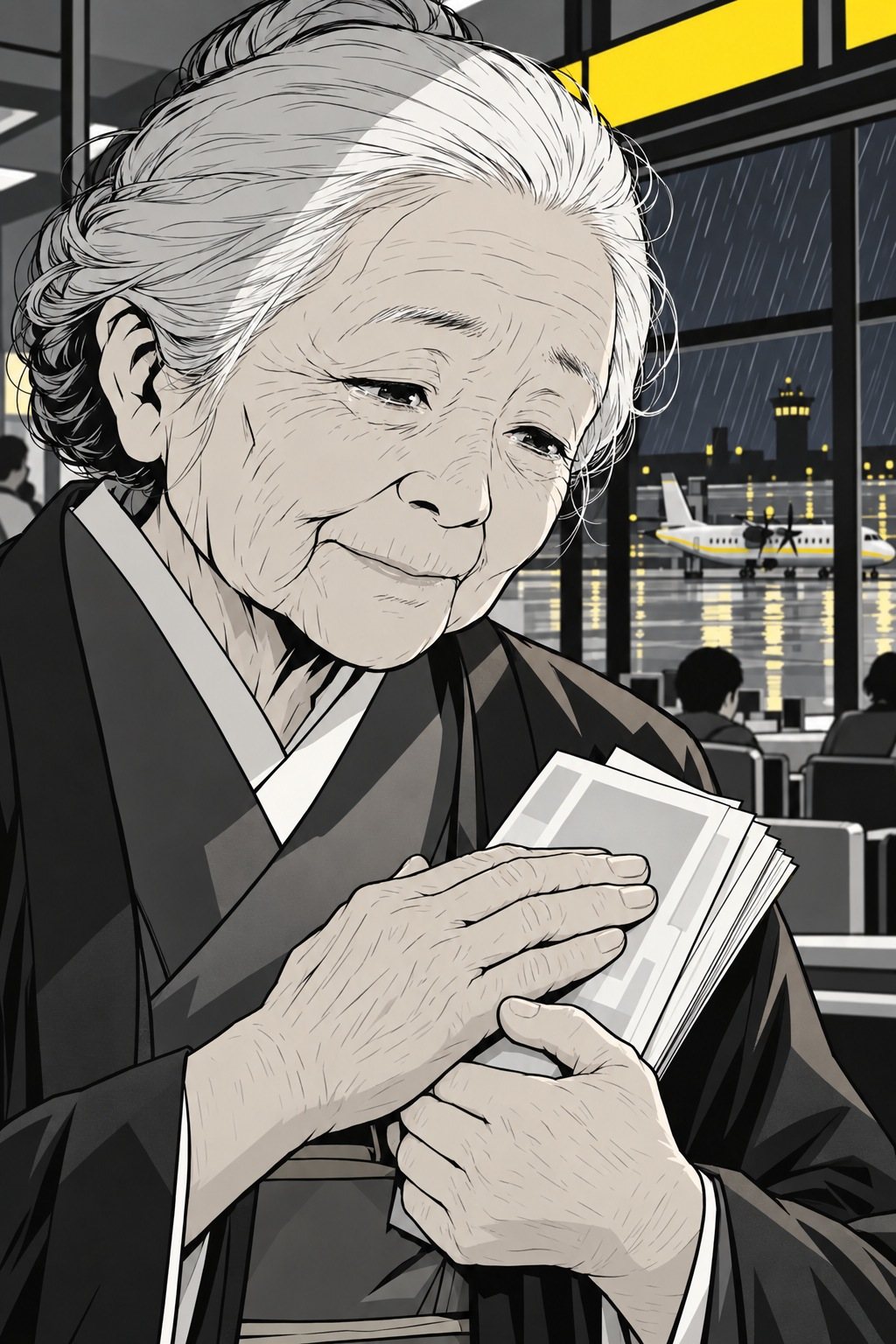 ハツの顔の寄り。こわばっていた目もとがほどけ、束をそっと手のひらでなでる。