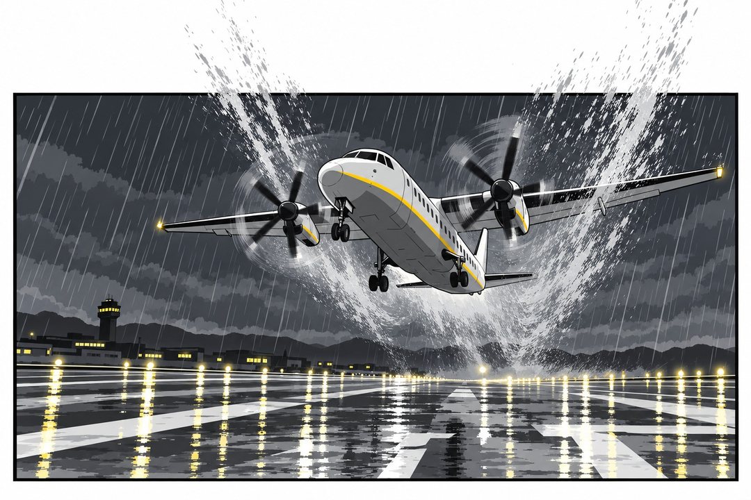 暗い灰色の空へ、雨の中を飛び立つ小さな双発のプロペラ機を、滑走路の端から見上げる。プロペラが雨のしぶきを巻き上げる。
