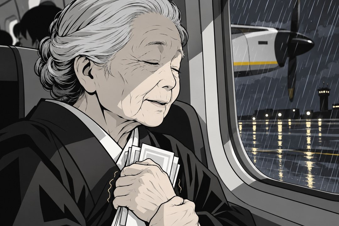 機内の窓ぎわの席。ハツが目を閉じ、古い航空券の束を胸の前で両手で包む。窓の外に雨とプロペラ。