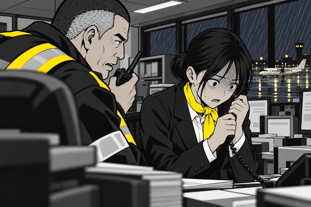 事務所。受話器を両手で握る千早の驚いた顔に縦線。後ろで志摩が無線を持って身を乗り出す。窓を雨が打つ。