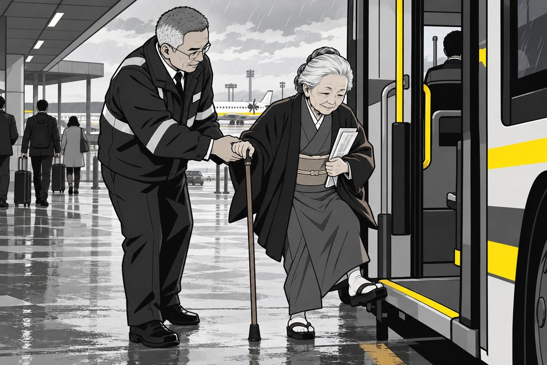 本土の北の小さな空港の前。雨は弱い。待っているバスの乗り口で、年配の男性の係員がハツの手を取り、ハツは杖と航空券を持って乗る。