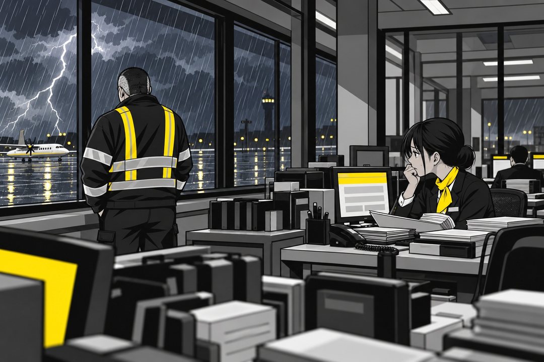 夜の事務所。雨が窓を打ち、外に稲光。左の窓の前に立つ志摩の背中。右の奥の机で、千早が頬に手を当ててその背中を見る。