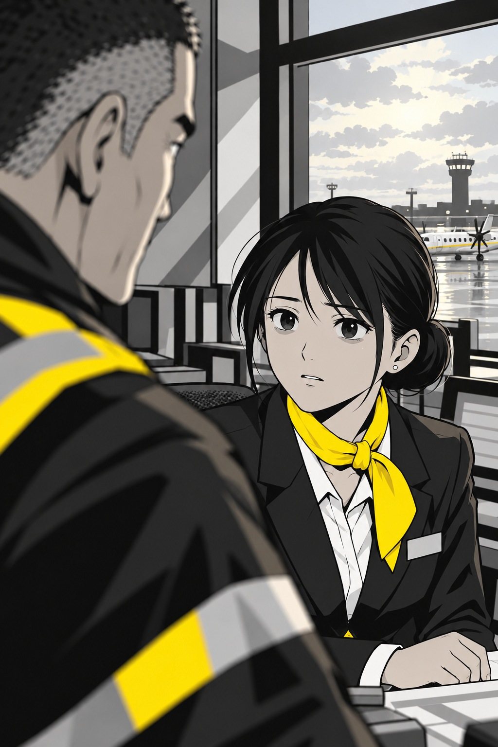 千早の胸から上。目を見開いて聞いている。手前の左に、志摩の後ろ頭と大きな肩。