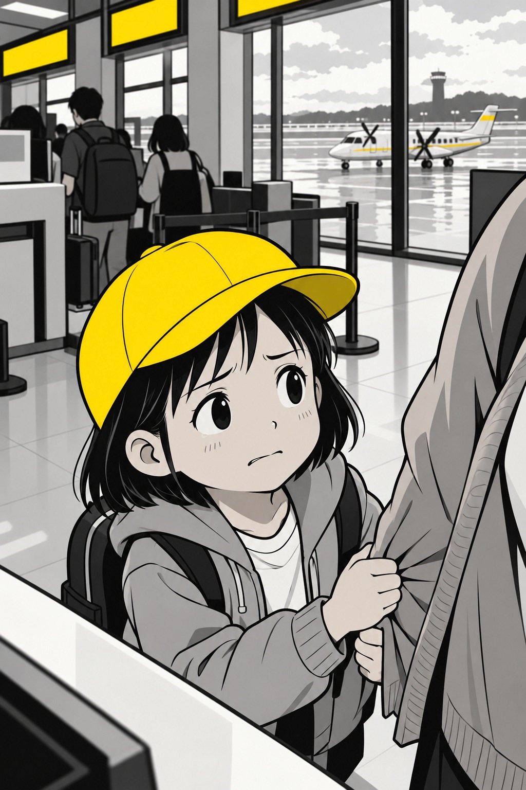 黄色い帽子の娘の寄り。母のカーディガンのすそをつかみ、カウンターの向こうの千早を見上げる。