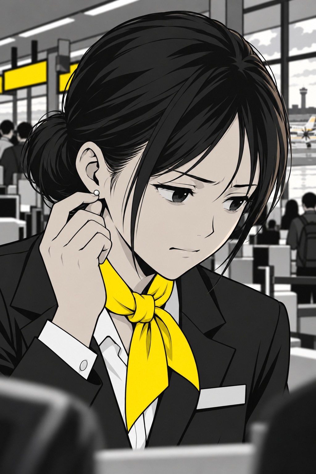 千早の顔の寄り。耳の小さなピアスを指でつまみ、目を細めて考える。後ろの列はぼけている。