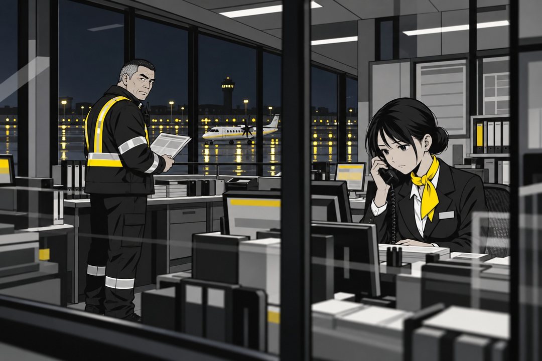 夜の事務所。机で受話器を耳に当てる千早。奥の窓ぎわで、志摩があすの運航の紙を手に振り向く。窓の外は晴れた夜の滑走路の灯り。