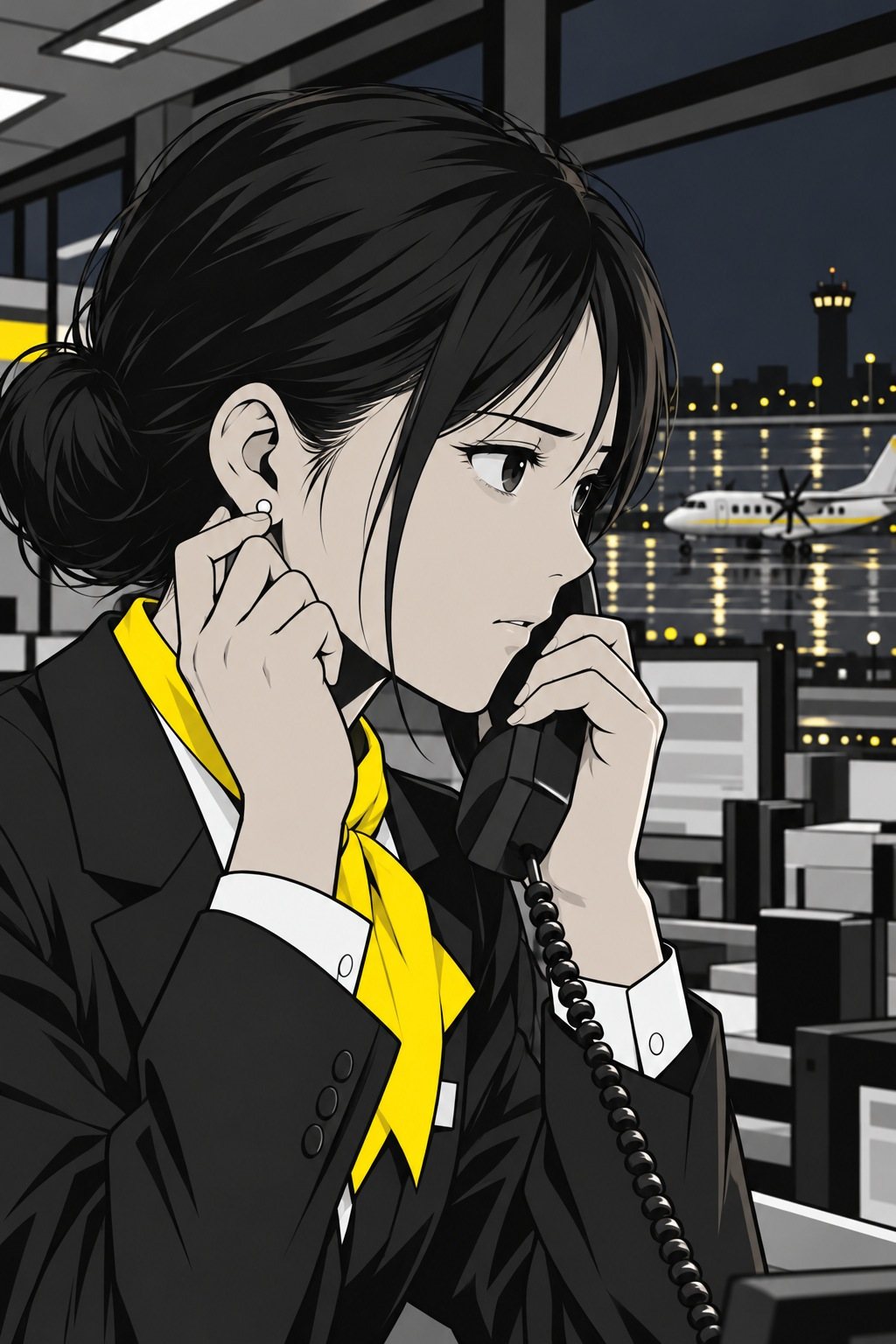 千早の顔の寄りを斜め横から。受話器を耳に当てたまま、もう片方の手で耳のピアスをつまむ。目は窓の外の暗い滑走路を見つめる。