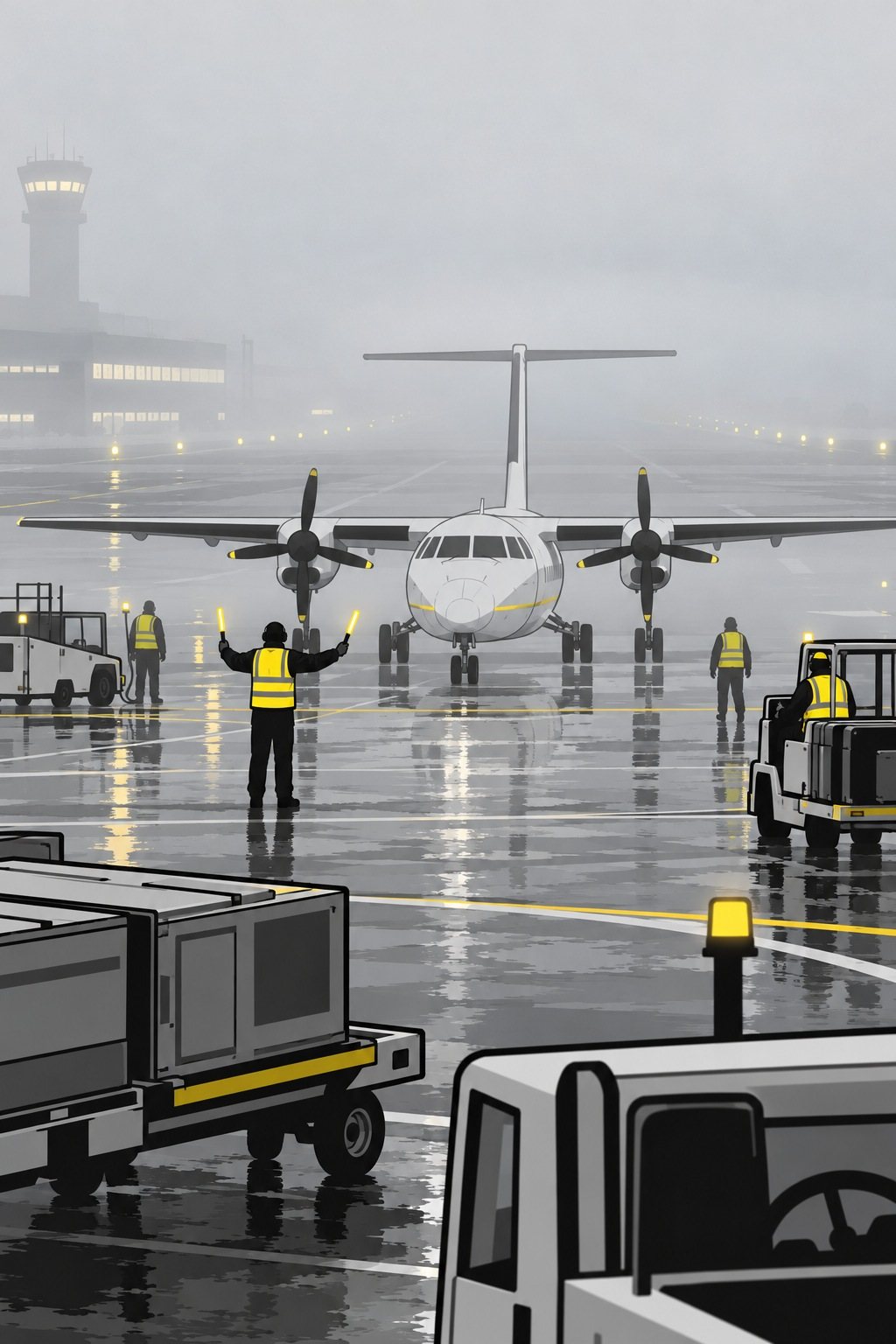 本土の空港の朝。白い霧に沈むぬれた駐機場。誘導の係が両手を上げ、小さな双発のプロペラ機が霧の中で待つ。誘導灯が点で並ぶ。