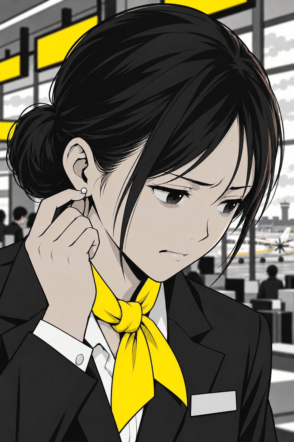 千早の顔の寄り。耳のピアスをつまみ、目を伏せて考える。後ろに、ぼけた案内の板の黄色。