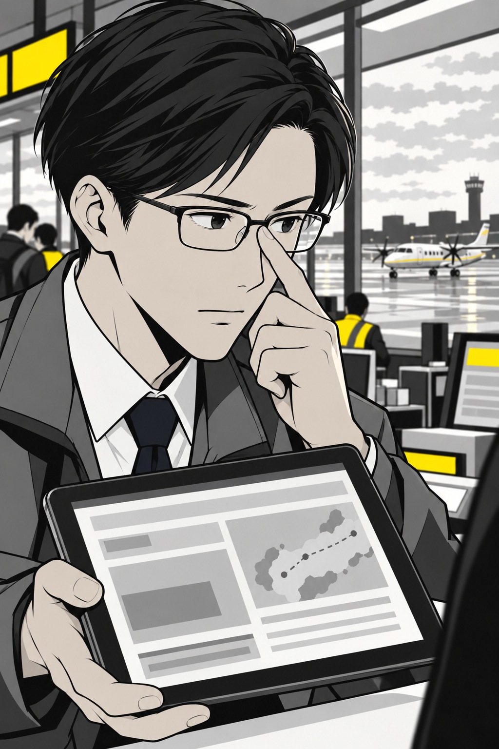 滝の顔の寄り。タブレットの画面（読めない）を千早たちに向け、もう片方の指で眼鏡を押し上げる。
