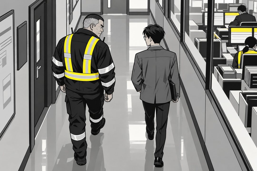 事務所へ続く廊下を後ろから。大柄の志摩と、細身の滝が並んで歩く。志摩が横目で滝を見る。