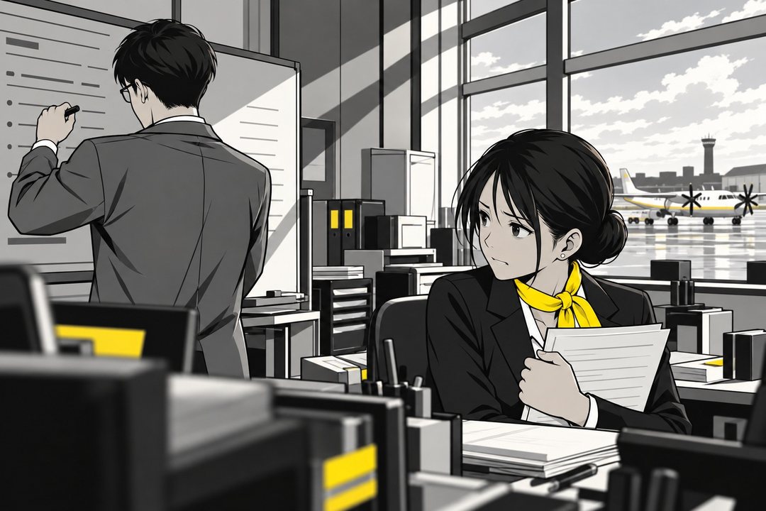 事務所のホワイトボードに、便の時刻を書き直す滝の背中（字は読めない線）。手前の机で千早が名簿を手にそちらを見る。
