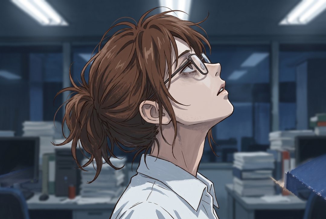 暗い所で、白い蛍光灯がちらつく天井を見上げる、眼鏡の女性のぼやけた横顔（前世の記憶）。