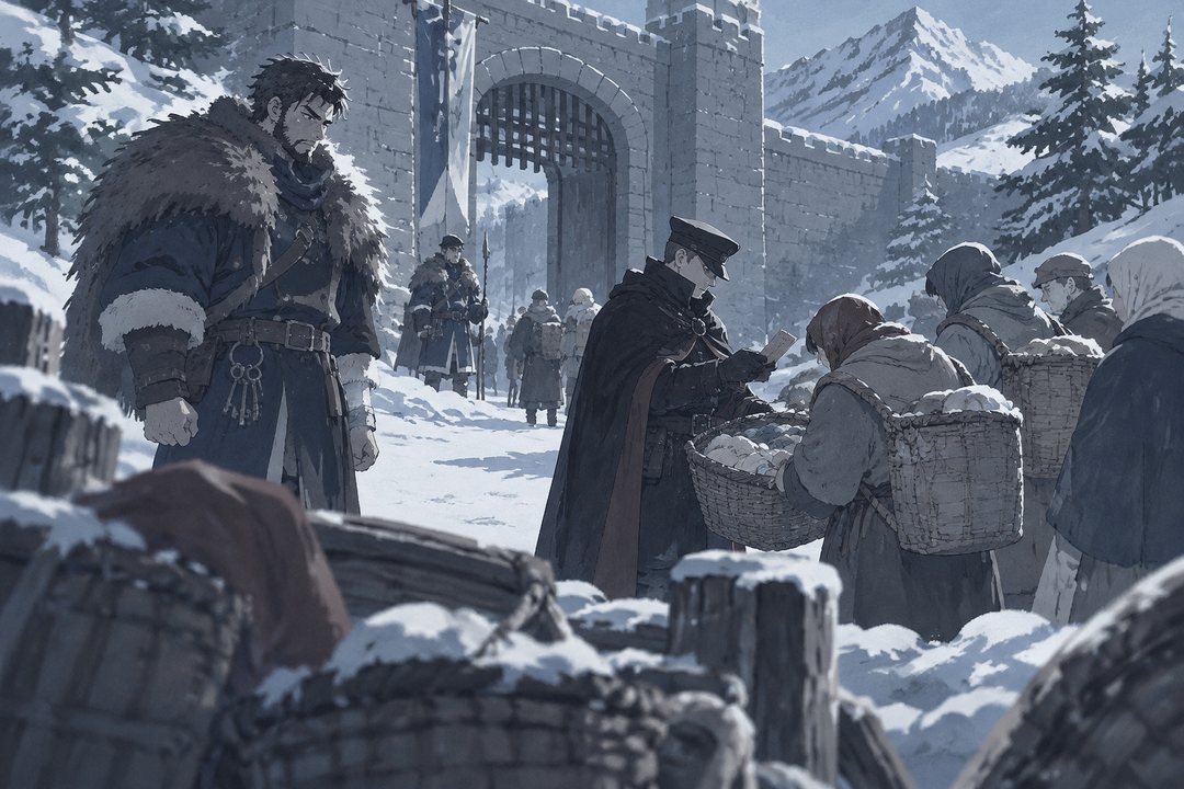 古い記憶。色の抜けた雪の門の前で、黒い外套の役人が村人の背負いかごを開けさせている。左に若い頃の頭（ひげは黒く、傷はまだ無い）が立ち、口を固く結んで見ている。