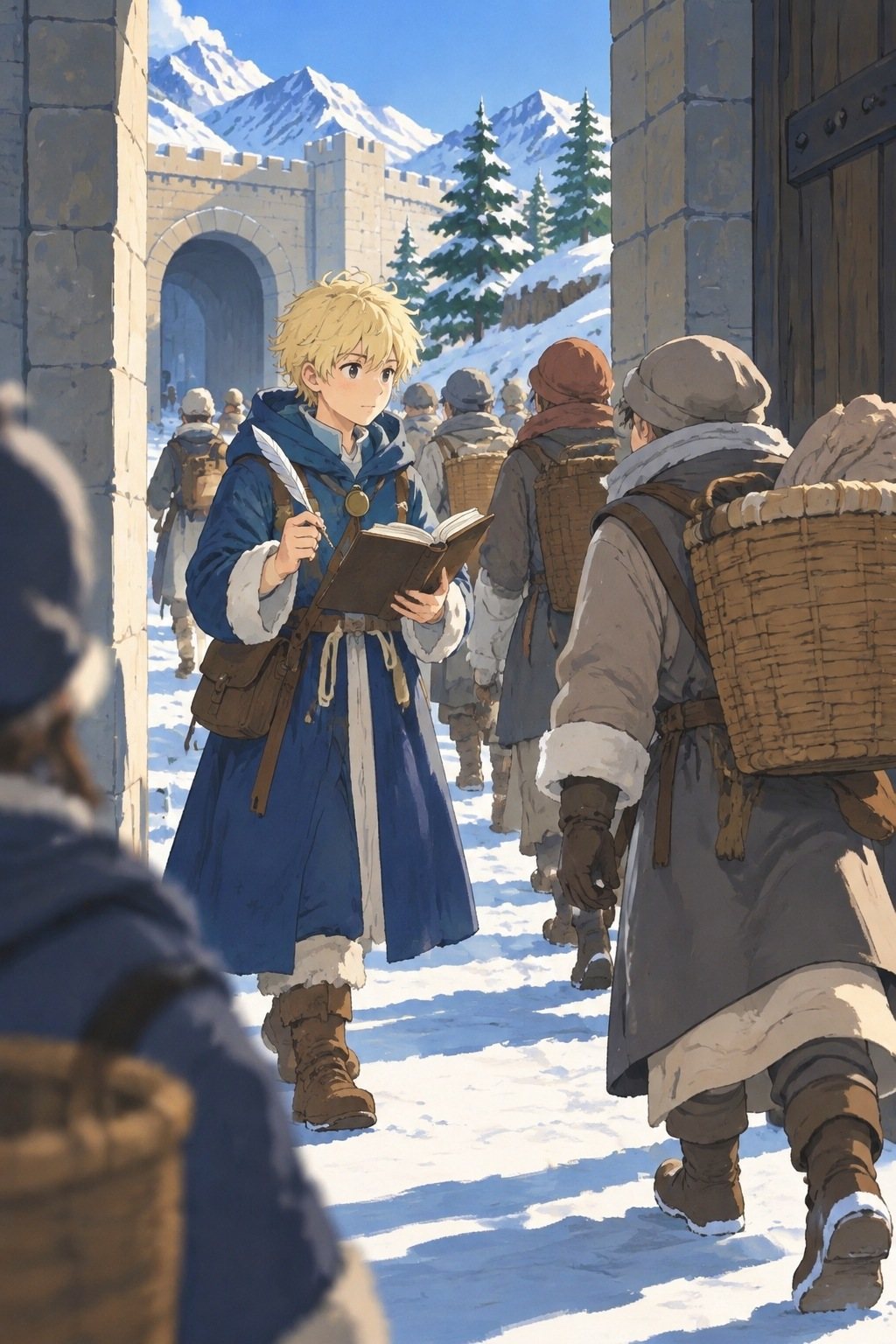 門の左の細い列。かごを背負った村の人と旅人が、エルマーの短い問いに答えてすぐ門を抜けていく。