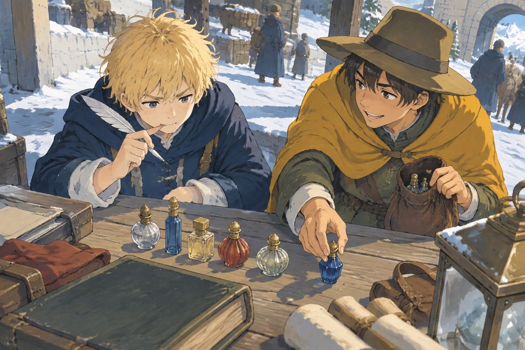 旅の者の列の机。若い旅人が革の袋から、ガラスの小びんの香水を何本も出して並べる。エルマーが困った顔で数える。