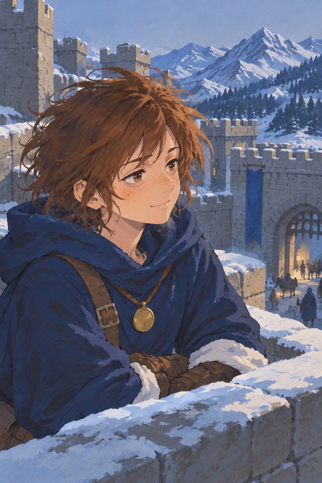 壁の上のリオの胸から上。夕方の風の中で少し笑う。