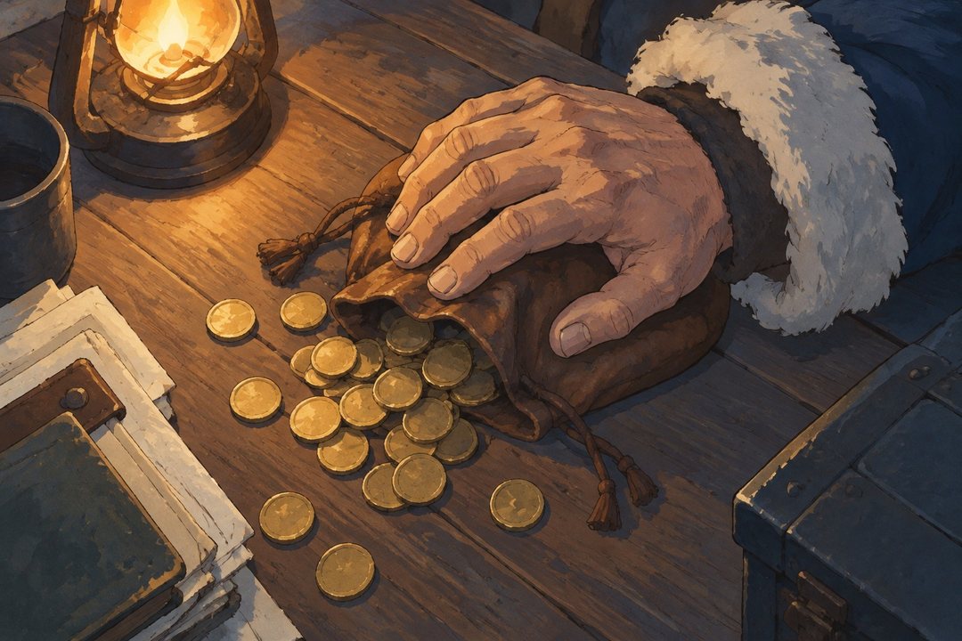 机の上の革の金袋の寄り。口から金貨がこぼれ、袋の上で頭の大きな手が止まっている。
