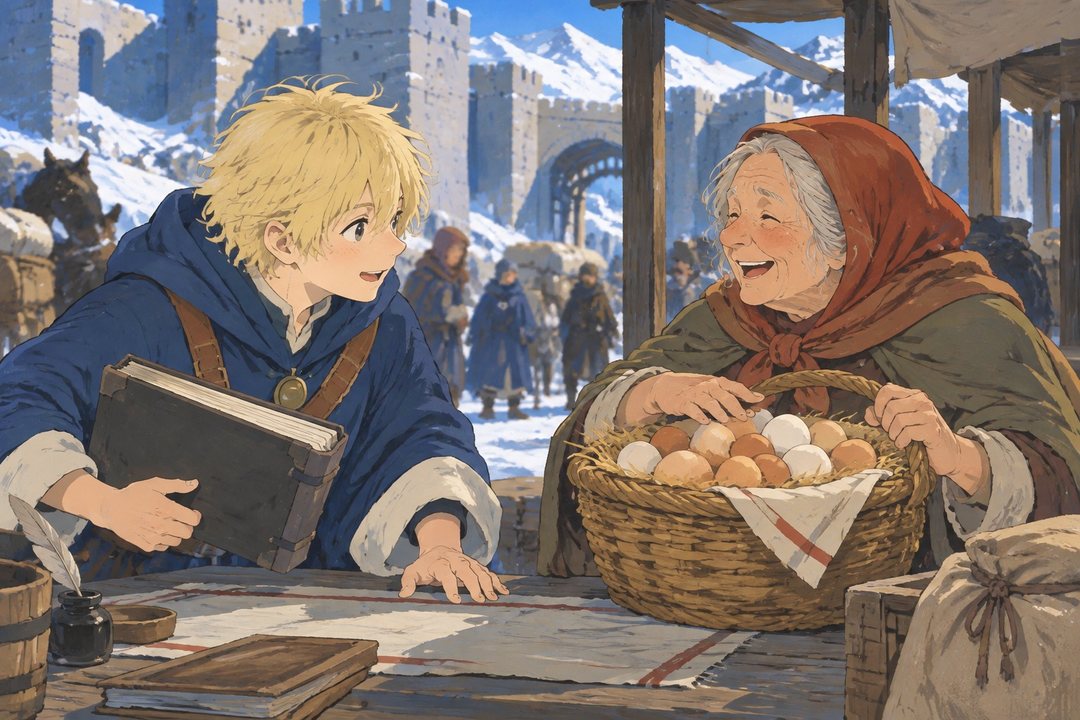 旅の者の列の机。エルマーが帳面を持って身を乗り出し、卵がぎっしりのかごを机の上で抱えた老婆が目を細めて笑う。