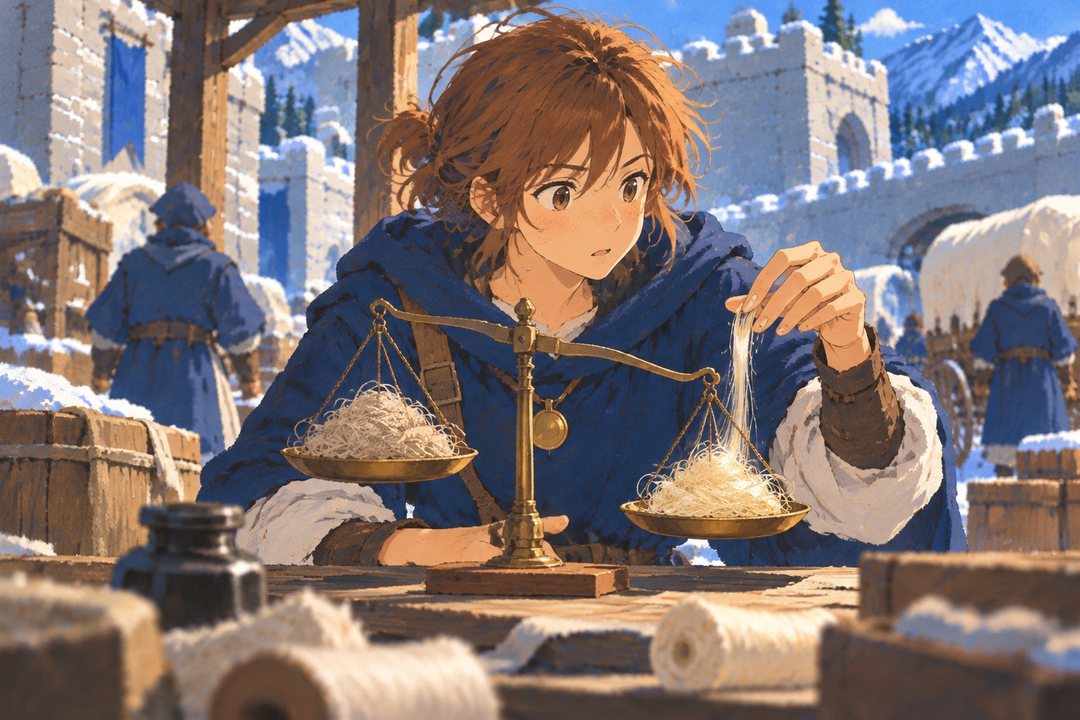 リオが小さな天秤の両側の皿に、ほどいた麻の糸と絹の糸を分けて載せる。絹の皿が下がる。
