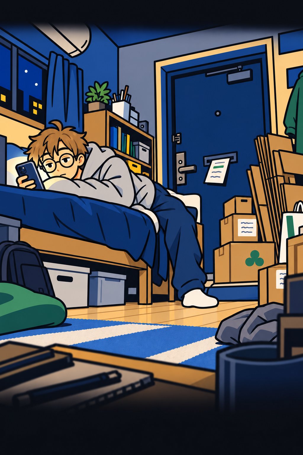 夜の一人暮らしの部屋。ベッドに寝転がってスマホを見る青年。部屋の隅に、たたんだ段ボールの山。