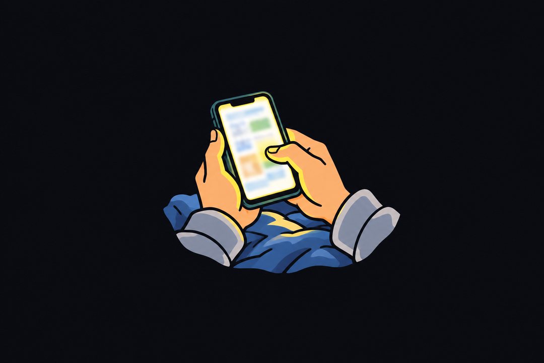 光るスマホの画面を、親指で軽く叩く手。