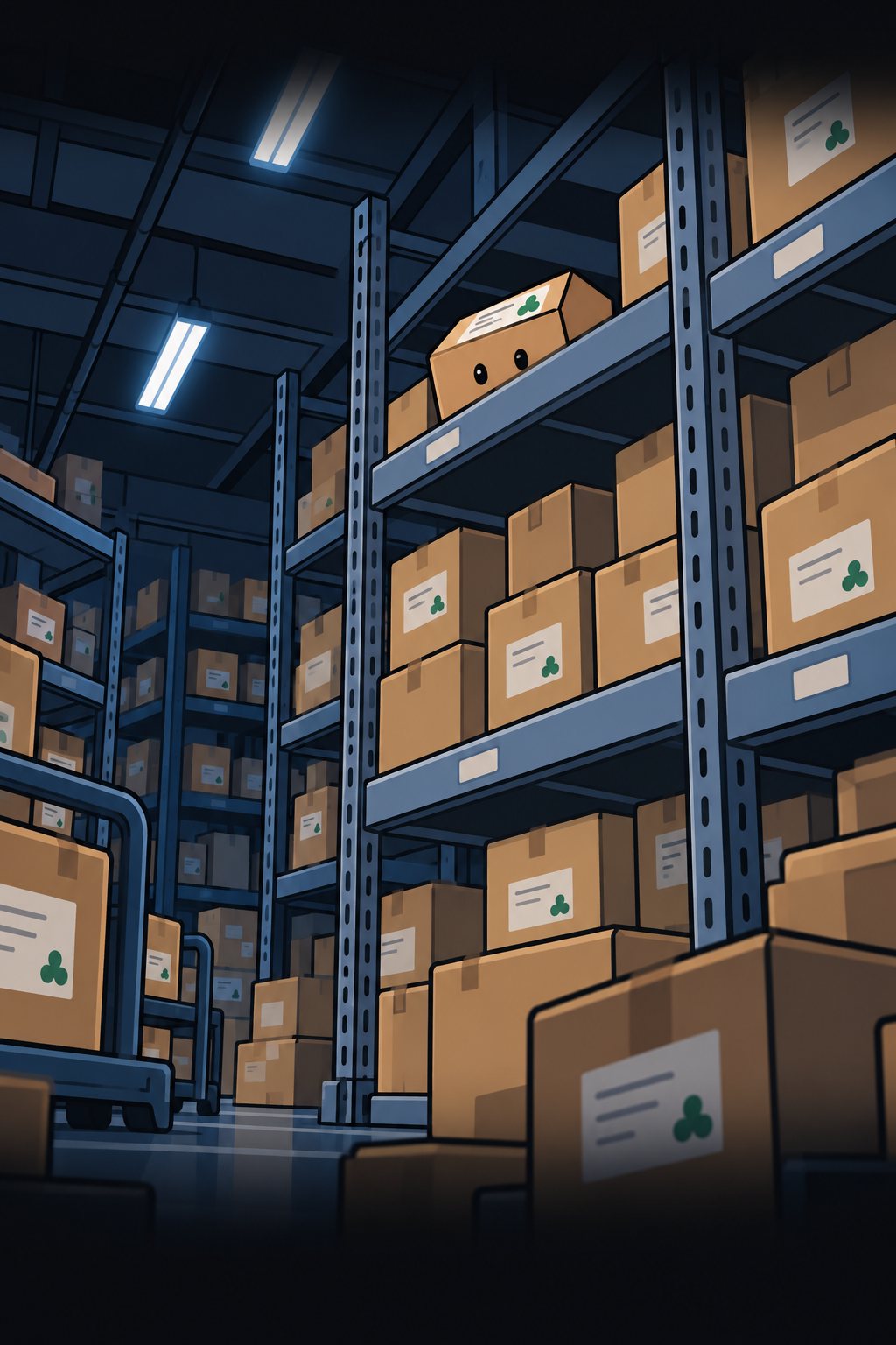 夜の営業所の倉庫。蛍光灯の下の高い保管の棚に、戻ってきた荷物が並ぶ。上の段に小さく、あの箱。