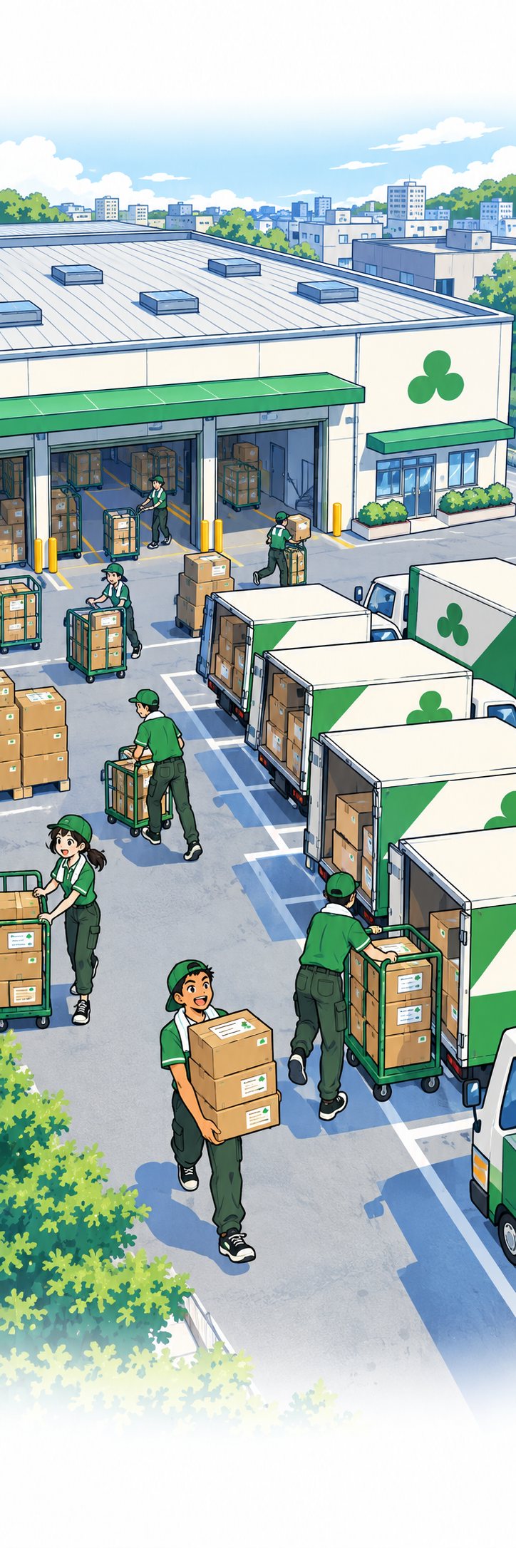 朝の宅配の営業所を上から。並んだ緑と白のトラック、荷物を積んだかご車、走り回る作業着の人たち。