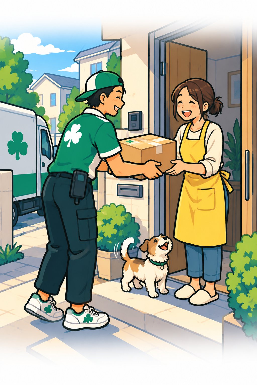 昼の住宅街。玄関のドアが開き、エプロンの女性が笑顔で荷物を受け取る。足元で小さな犬が尻尾を振る。