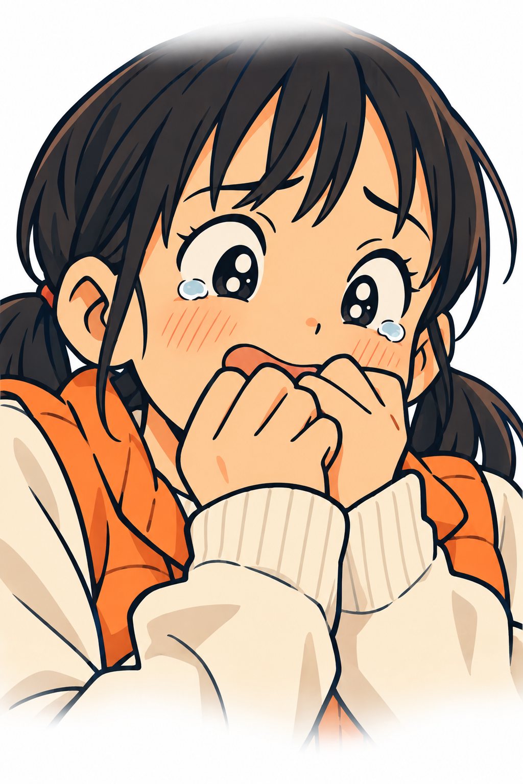 妹の顔のアップ。驚いた目に涙がにじみ、口元は笑い出しそうにゆるむ。