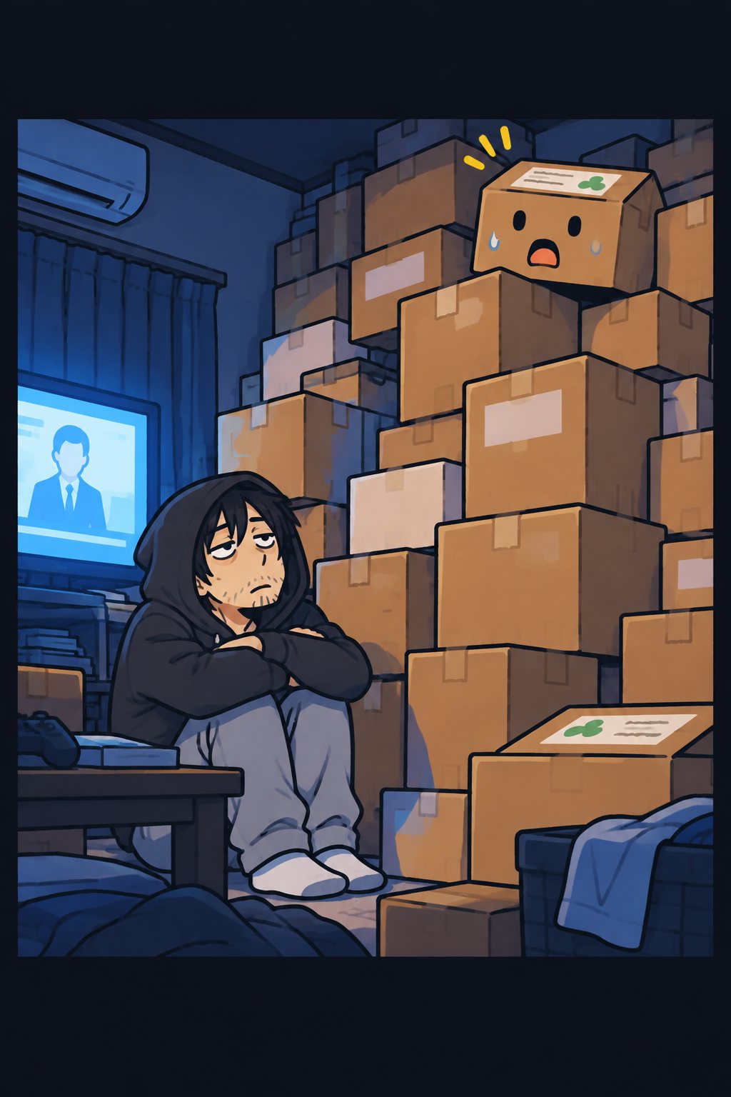 箱の山のふもとの床に座りこみ、膝を抱えて、箱を一つも開けないまま見上げている痩せた男。フードの影の中の、疲れた目。