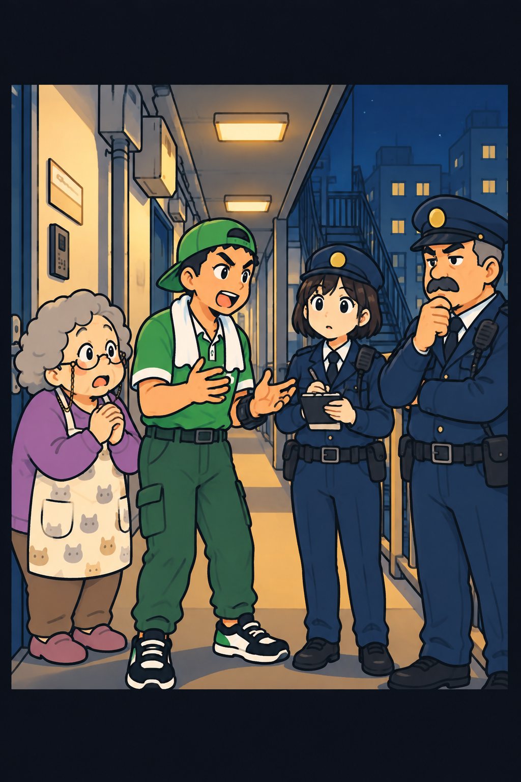 外廊下で、二人の警察官がドライバーと管理人から話を聞いている。一人がメモを取る。