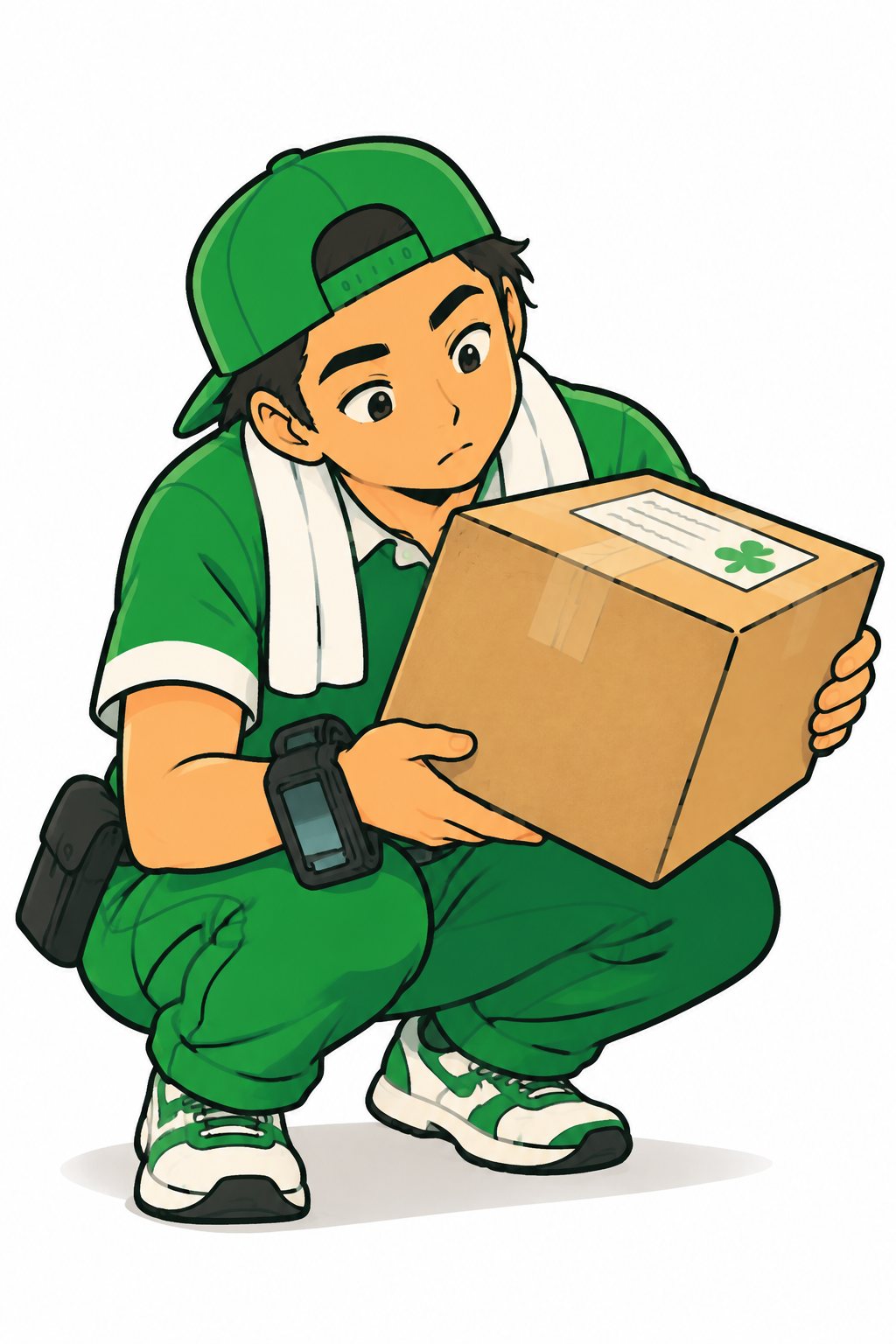 床にしゃがみ、箱を回して横の面を見るドライバー。「……あれ」という顔。
