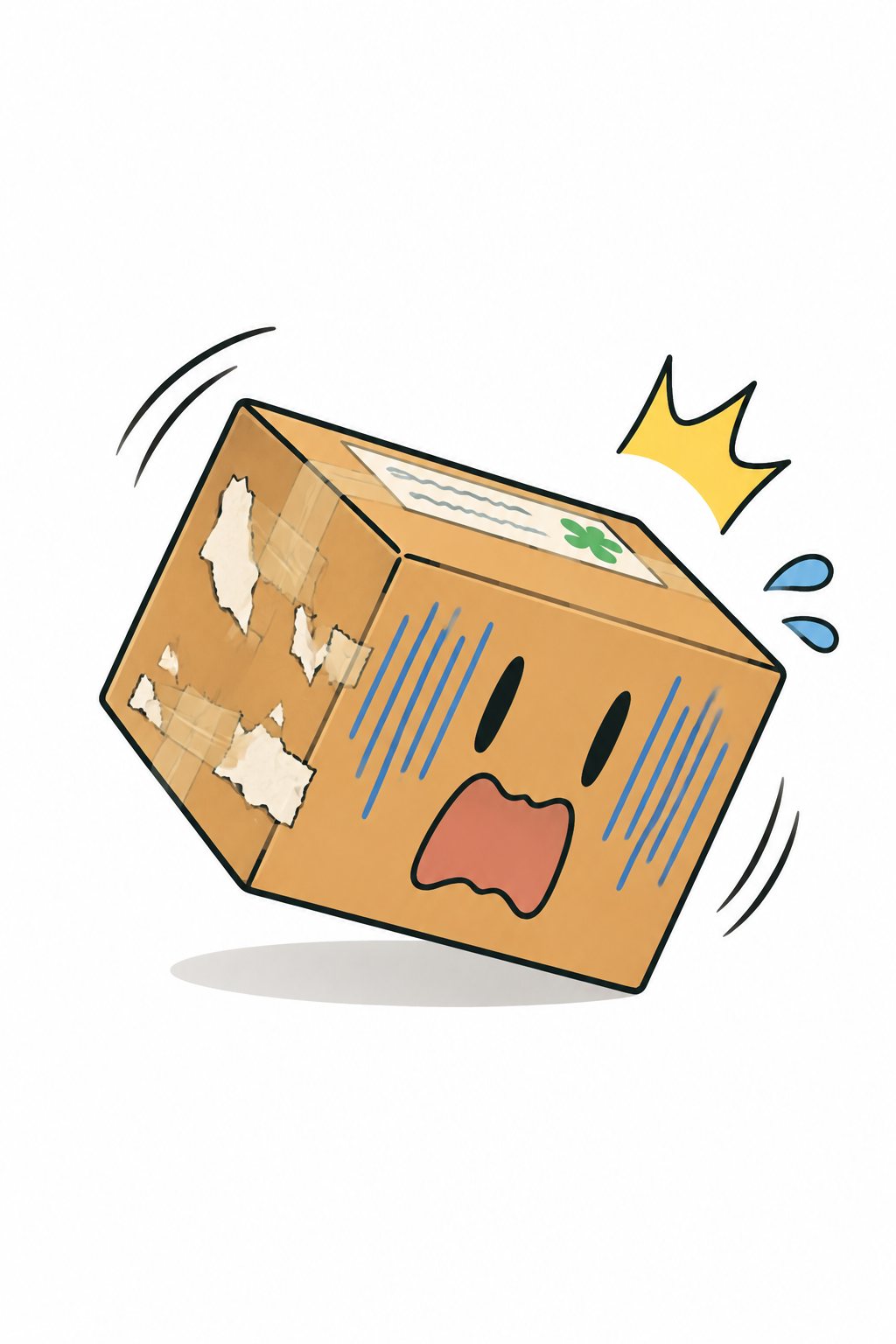 箱の顔のアップ。点の目が縦に伸び、顔じゅうに青い縦線。口が叫びの形。