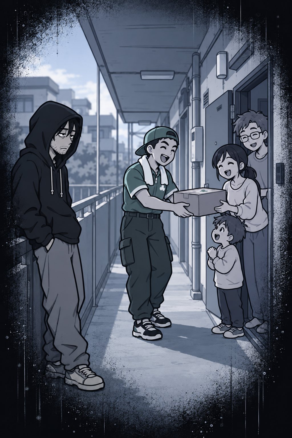 回想。昼の外廊下。向かいの部屋の家族が、笑顔でドライバーから荷物を受け取っている。少し離れた所で、フードの男がひとり、それを見ている。