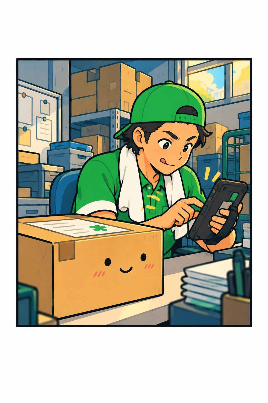 端末に一字ずつ番号を打ちこむドライバー。集中して舌の先が出ている。机の箱が得意げな顔。