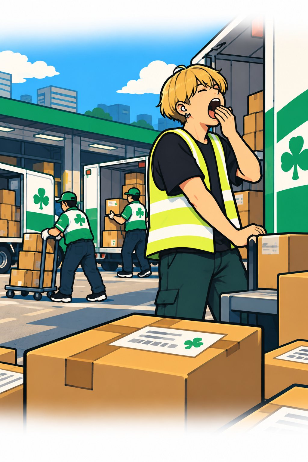 朝の営業所。トラックに荷物を積む人たち。あくびをする金髪の若い男。そこに、あのドライバーの姿は無い。