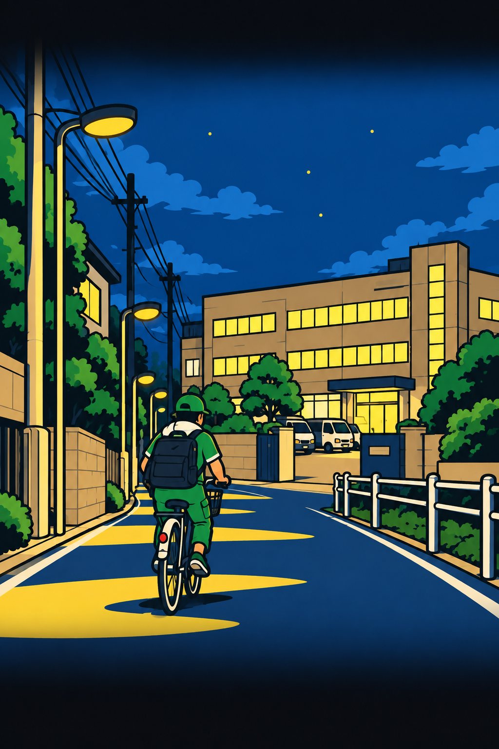 夜の街灯の道を、自転車で帰っていくドライバーの小さな後ろ姿。後ろに、明かりの消えない営業所。