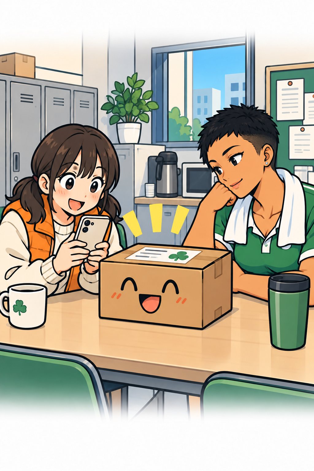 営業所の休憩所。だいだい色のダウンのベストの小柄な女子大生が、兄のスマホを両手で持ってテーブルに着く。向かいに箱を置いたドライバー。