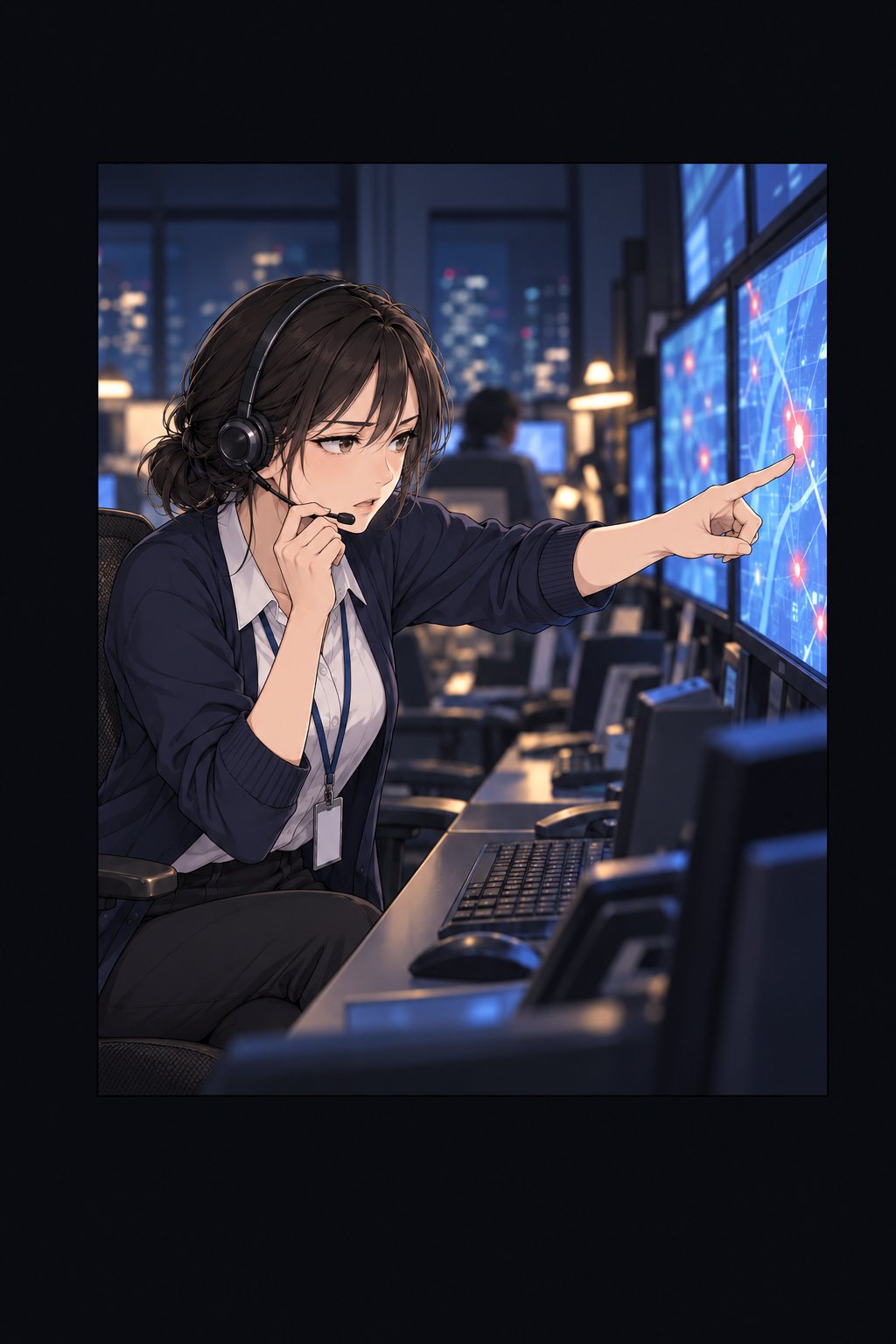 ヘッドセットを付けた女性が、画面の地図を指さして指示を出している。