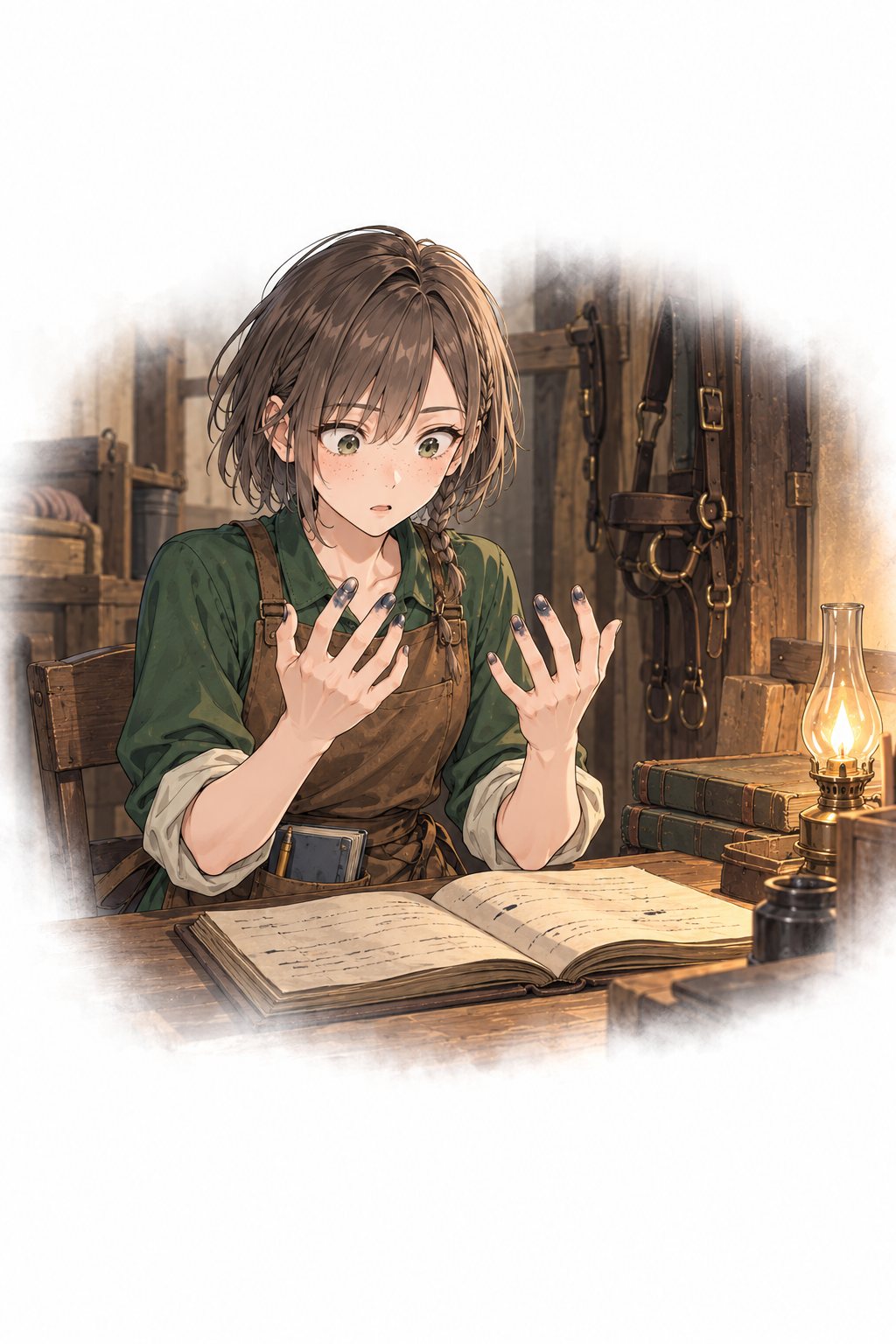 古い馬小屋の帳場で、帳面を前に自分の若い手を見つめる少女。