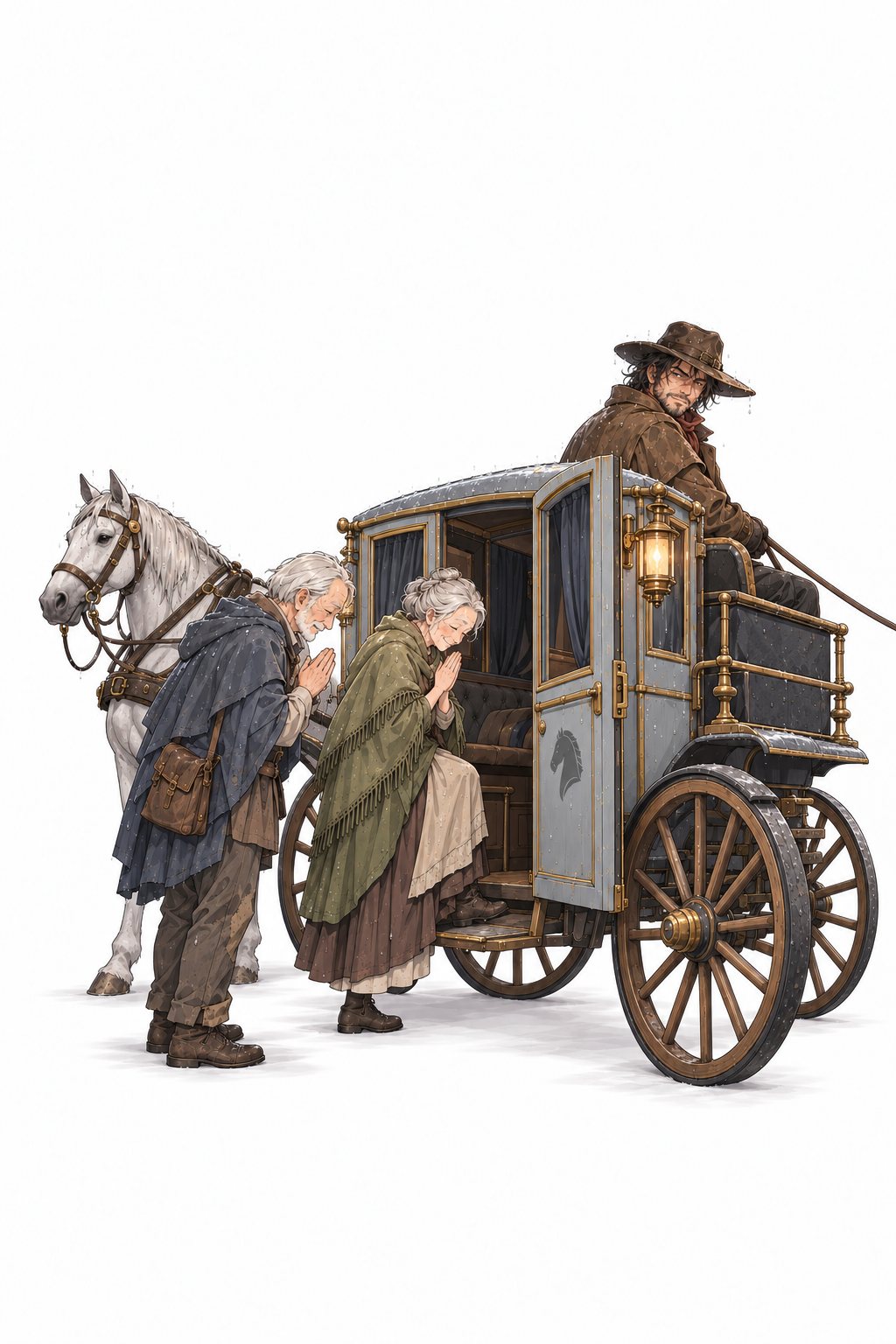 辻馬車に乗り込む人々。老夫婦が御者に手を合わせる。