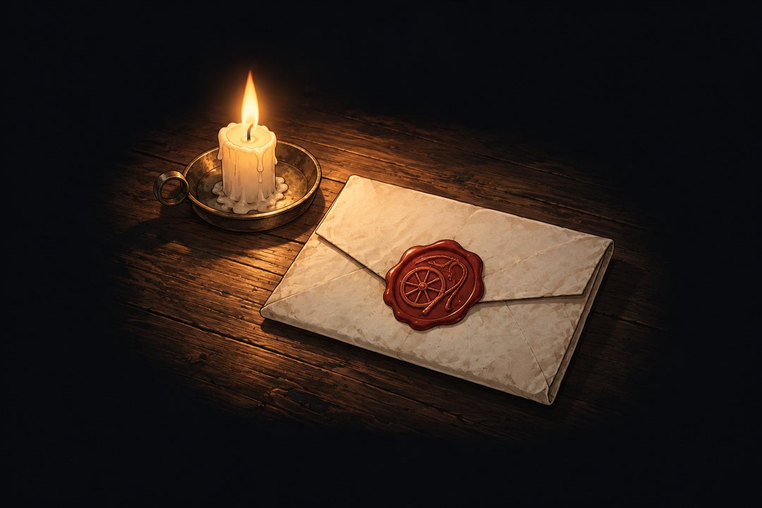 ろうそくの横に置かれた、封蝋つきの手紙。