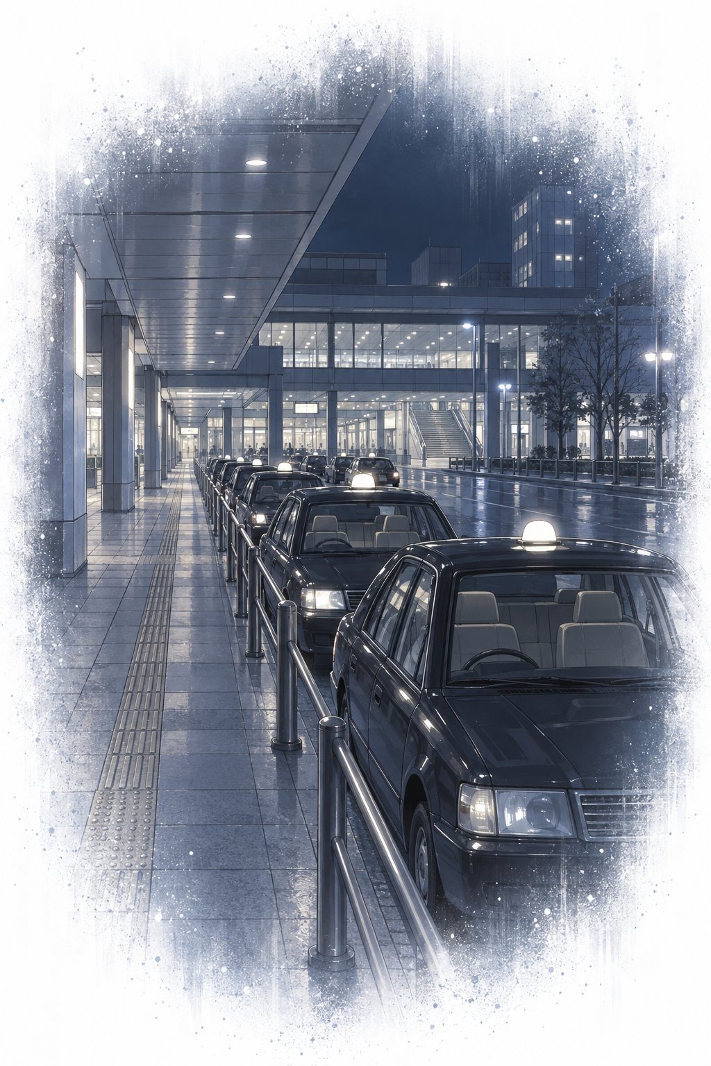 色の抜けた記憶。夜の駅前のタクシー乗り場に、空車のタクシーが長い列を作っている。