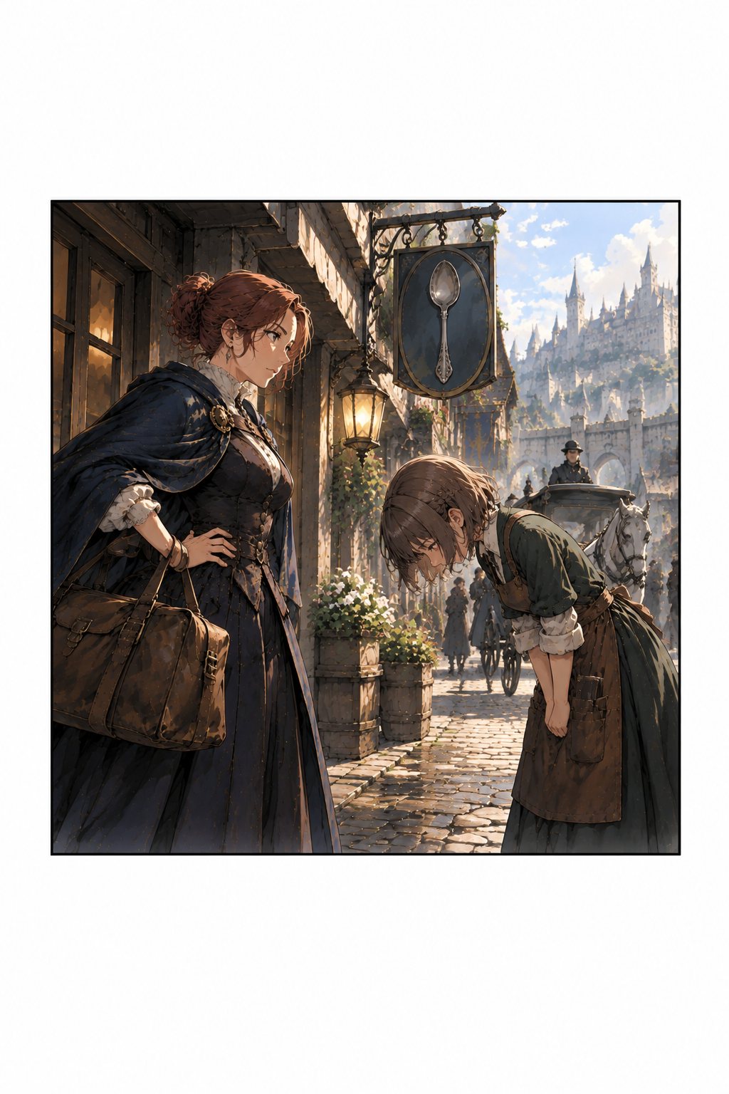 宿の前で、商人の女に深く頭を下げるチカ。
