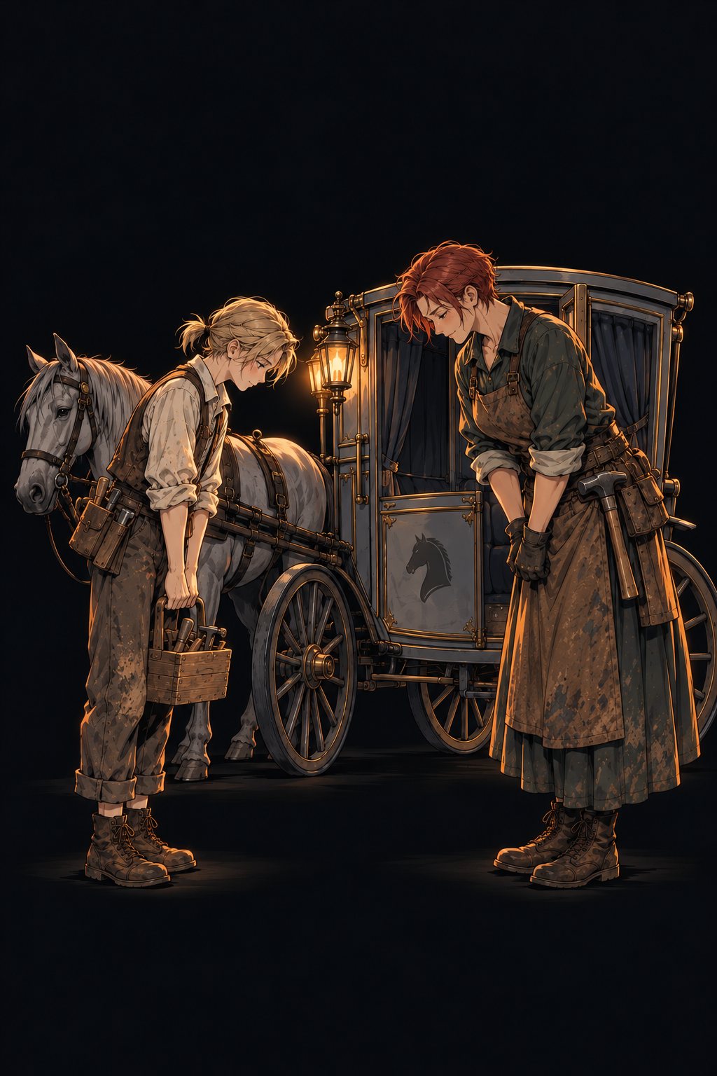 馬車の前で、石工の女と若い大工の徒弟が、ぎこちなく会釈し合う。
